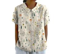 Generico T-Shirt Donna Casual da con Scollo Tondo Floreale retrò Risvolto E Bottoni Pullover Allentato Tshirt Basic Magliette Cotone Manica Corta Abbigliamento Estivo T Shirt Firmate Donne Beige XXL