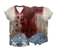 Generico T-Shirt Donna Problem Solved, Sangue Finto Top Taglie Forti Shirt Casual Maglietta Divertente da Donna per Halloween Camicia Ampia a Maniche Corte Insanguinata di Halloween Halloween