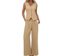 Generico Tailleur Donna Eleganti Completo Blazer da Donna 2 Pezzi Canotta Senza Maniche con Scollo a V Gilet + Pantaloni a Gamba Larga Tuta Elegante