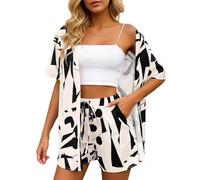 Generico Tailleur Donna- Tailleur Pantalone Donna Completo Estivo Elegante A Due Pezzi con Stampa Floreale Camicia A Maniche Corte con Cravatta E Pantaloncini A Vita Alta Basic