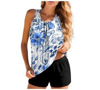Generico Tankini Donna Curvy Costume da Bagno 2 Pezzi Contenitivo Canottiera Imbottita Push Up Scollo Pantaloncini Sportivi Eleganti Taglie Forti Beachwear per Spiaggia e Piscina con Pantaloncino