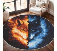 Generico Tappeti rotondo 180 cm per Soggiorno Home Decor Testa di Lupo Ghiaccio e Fuoco Motivo Antiscivolo Non perde Pelo Corto Tappeti Rotondi Nero, Tappeto rotondo per interni per camera da letto