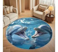 Generico Tappeti rotondo 80 cm per Soggiorno Home Decor Simpatico Motivo A Delfino Antiscivolo Non perde Pelo Corto Tappeti Rotondi Oceano Blu, Tappeto rotondo per interni per camera da letto
