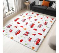 Generico Tappeto 100 x 150 cm - Tappeti per la Casa Terrazza Cortile Veranda Stampato Confortevole Soft Resistente per Soggiorno Camera da Letto, Carino Camion Dei Pompieri Macchina Bianco