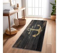 Generico Tappeto 80 x 200 cm per corridoio, lavabile, cucina, pelo corto, Planches De Bois Vieillies Crochets De Bateau, pieghevole, antiscivolo, sottile, per ponti, camera da letto Brun Or