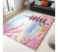 Generico Tappeto Antiscivolo 160 x 230 cm per Camera da Letto, Stile Monte Fuji Fiori Di Ciliegio Torre, per Soggiorno Cucina Ingresso o Sala da Pranzo Decorativo, Lavabile in Lavatrice, Rosa Blu