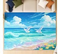 Generico Tappeto antiscivolo lavabile in microfibra per ingresso e camera, morbido e resistente, Fantasy onde oceaniche gabbiano, Azzurro, 120 X 180 cm