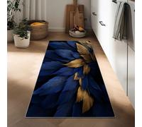 Generico Tappeto Cucina 50 x 140 cm Antiscivolo Lavabile in Lavatrice, Tappeto Ingresso Lungo Astratto Piume Blu E Oro Fiori Pelo Corto Arte Di Lusso per Corridoio Bagno Lavanderia Ufficio