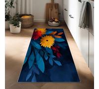 Generico Tappeto Cucina 50 x 140 cm Antiscivolo Lavabile in Lavatrice, Tappeto Ingresso Lungo Piante Fiori Foglie Blu Pelo Corto Arte Astratta per Corridoio Bagno Lavanderia Ufficio