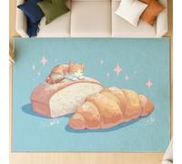 Generico Tappeto dal design contemporaneo con motivo Cartone Animato, Azzurro Cielo Tappeto Camera Da Letto con Retro in Gomma Antiscivolo, Gatto Pane Croissant Tappeti per Bambini 140 x 200 cm