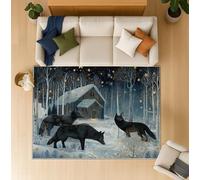 Generico Tappeto dal design contemporaneo con motivo Fiaba, Blu Navy Tappeto Camera Da Letto con Retro in Gomma Antiscivolo, Illustrazione Lupo Nero Neve Tappeti per Bambini 140 x 200 cm