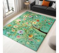 Generico Tappeto Floreale per Camera da Letto, Antiscivolo Lavabile in Poliestere, XXL, Albero Teal con Uccelli e Fiori Stile Zen, 160 x 230 cm