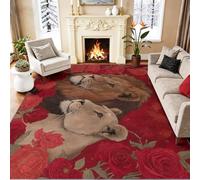 Generico Tappeto Lavabile in Lavatrice Ornato Floreale Rosa Animale Coppia Di Leoni - Multicolore 90 x 150 cm Tappeto Antiscivolo & Pelo Corto, Ideale per Soggiorno, Cucina e Aree ad Alto Traffico