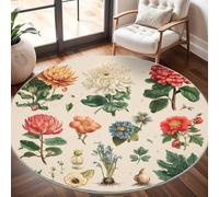 Generico Tappeto Lavabile in Lavatrice Rotondo 80 cm, Illustrazioni Botaniche D'Epoca Tappeto Rotondo Salotto Morbido e Resistente All'usura Beige Chiaro Antiscivolo Tappeti per Sala da Pranzo
