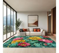 Generico Tappeto Moderno Tappeti per la Casa Terrazza Cortile Veranda Stampato Confortevole Soft Resistente per Soggiorno Camera da Letto, Verde Campagna Fiori Piante Pittura A Olio, 100 x 150 cm