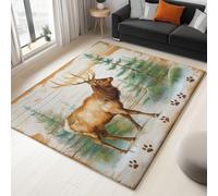 Generico Tappeto Moderno Tappeti per la Casa Terrazza Cortile Veranda Stampato, Confortevole Soft Resistente per Soggiorno Camera da Letto Animali Selvatici Pineta Cervi Bianco, 100 x 150 cm