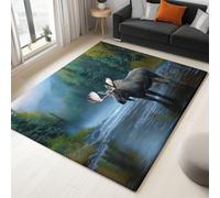 Generico Tappeto Moderno Tappeti per la Casa Terrazza Cortile Veranda Stampato, Confortevole Soft Resistente per Soggiorno Camera da Letto Alce Fiume Foresta Nebbiosa Grigio Blu, 160 x 230 cm