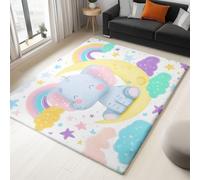 Generico Tappeto Nursery per Bambine, Morbido Pluche Stile Fiaba, XXL, Elefante con Arcobaleno e Stelle Colorate, 160 x 230 cm