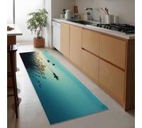 Generico Tappeto Passatoia Corridoio Cyan, Tappeto Antiscivolo Stampato Style Chinois Peinture À L'Encre Plantes Bateau - Lavabile per Ingresso Cucina Soggiorno Bagno Lavanderia 50 x 140 cm
