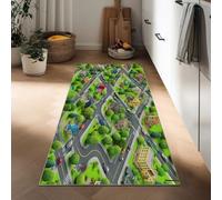 Generico Tappeto Passatoia da Cucina Antiscivolo 50 x 140 cm, Tappeto Lungo Corridoio Verde a Pelo Corto Lavabile Cartone Animato Moderno Città Architettura per Camera da Letto Cucina Ingresso