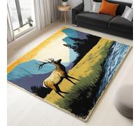 Generico Tappeto per la Casa 160 x 230 cm, Tappeto Pelo Basso e Antiscivolo Foresta Riva Del Fiume Cervo Tappeti per Camera dei Bambini Sala da Pranzo Arredamento Domestico Stampe Xilografiche