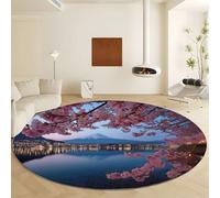 Generico Tappeto Rotonda Fotografia Hd Piante Fiori Albero, Moquette Pelo Finta Lana Corto Morbido - Tappeto Blu Antiscivolo Lavabile in Lavatrice per Salotto Camera da Letto Sala Pranzo Ø 100 cm