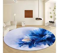 Generico Tappeto Rotonda Stile Disegno A Mano Acquerello Fiori, Moquette Pelo Finta Lana Corto Morbido - Tappeto Blu Antiscivolo Lavabile in Lavatrice per Salotto Camera da Letto Sala Pranzo Ø 100 cm