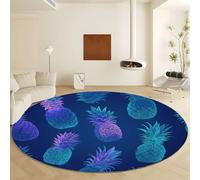 Generico Tappeto Rotonda Stile Disegno Mano Ananas Pattern, Moquette Pelo Finta Lana Corto Morbido - Tappeto Blu Antiscivolo Lavabile in Lavatrice per Salotto Camera da Letto Sala Pranzo Ø 90 cm