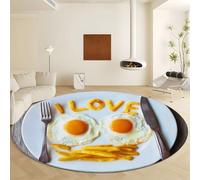 Generico Tappeto Rotonda Uovo Patatine Colazione, Moquette Pelo Finta Lana Corto Morbido - Tappeto Bianco Antiscivolo Lavabile in Lavatrice per Salotto Camera da Letto Sala Pranzo Ø 160 cm
