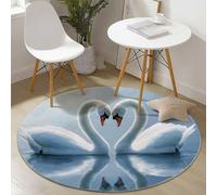 Generico Tappeto rotondo 120 cm, Romantico Animale Cigno lavabile antiscivolo Pelo Corto morbido Blu Rotondi Tappetos per camera da letto bagno corridoio Cucina
