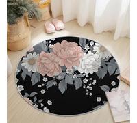 Generico Tappeto rotondo 60 cm, Bello Retrò Fiori lavabile antiscivolo Pelo Corto morbido Nero Rotondi Tappetos per camera da letto, soggiorno, sala da pranzo