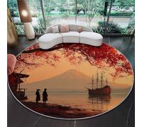 Generico Tappeto Rotondo 60 cm di diametro, Giapponese Samurai Barca Foglie Autunnali Tema per Soggiorno - Pelo Corto Arancia Lavabile Moderno Tappeto Rotondo per Camera da Letto Studio Casa Ufficio