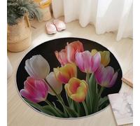 Generico Tappeto rotondo 60 cm, Tappeti rotondi Nero a pelo corto, morbidi, antiscivoli e lavabili con Bello Tulipano per camera da letto bagno corridoio Cucina