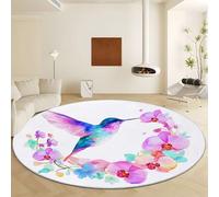 Generico Tappeto Rotondo Acquerello Piante Orchidea Uccello, Moquette Lavabile in Lavatrice Antiscivolo Bianco - Morbido Non Perde Pelo Ø 180 cm per Soggiorno e Camera da Letto