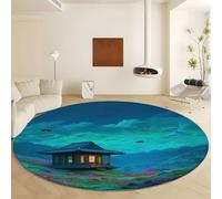 Generico Tappeto Rotondo Collina Erba Casa Legno, Moquette Lavabile in Lavatrice Antiscivolo Verde - Morbido Non Perde Pelo Ø 60 cm per Soggiorno e Camera da Letto