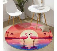 Generico Tappeto rotondo con motivo Cartone Animato Fenicottero Romantico Tramonto, lavabile in lavatrice stampa Rosa, antiscivolo morbido per soggiorno, divano camera dei bambini decorazione 180 cm
