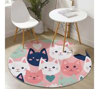 Generico Tappeto rotondo con motivo Simpatico Volto Di Gatto Dei Cartoni Animati, lavabile in lavatrice stampa Rosa, antiscivolo morbido per soggiorno, divano camera dei bambini decorazione 120 cm