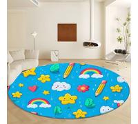 Generico Tappeto Rotondo da Stile Cartoon Arcobaleno Stelle Nuvole, Tappeto Blu Stampa Pelo Corto Morbido - Antiscivolo e Lavabile in Lavatrice Ø 180 cm per Camera da Letto Soggiorno Decorazione