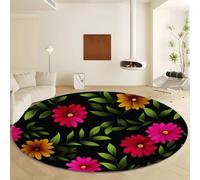 Generico Tappeto Rotondo da Stile Disegno Fiori, Tappeto Verde Stampa Pelo Corto Morbido - Antiscivolo e Lavabile in Lavatrice Ø 160 cm per Camera da Letto Soggiorno Decorazione