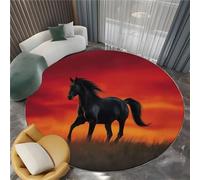 Generico Tappeto Rotondo Di Flanella Stampato Colore Arancione Animali Tramonto Cavallo Nero Tappeti Rotondo Morbido Soggiorno Camera, Per Bambini Camera Da Letto Tappeto Antiscivolo 120 cm