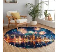 Generico Tappeto Rotondo Fotografia Stile 150cm, Morbido Antiscivolo Lavabile Salotto Passatoia Città Edifici Fuochi D'Artificio Tappeto Stampato per Bambini Cameretta Cucina Casa Zona Balcone Colore