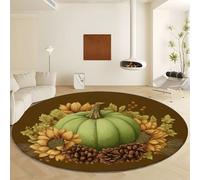 Generico Tappeto Rotondo Girasoli Zucche, Moquette Lavabile in Lavatrice Antiscivolo Verde - Morbido Non Perde Pelo Ø 120 cm per Soggiorno e Camera da Letto