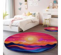 Generico Tappeto Rotondo in Flanella 150 cm - Paesaggio Astratto Tramonto Linee Tema Antiscivolo Lavabile in Lavatrice Tappeto Rotondo, Viola Pelo Corto Soffice Tappeti per Scendiletto