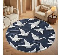 Generico Tappeto Rotondo Lavabile in Lavatrice 80 cm, Stampa Origami di Gru Antiscivolo Pelo Corto Tappeto Rotondo, Blu E Bianco Tappeti Rotondi per Interni Soggiorno Camera, Sala da Pranzo, Ufficio