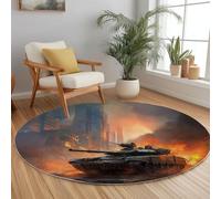 Generico Tappeto Rotondo Moderno Lavabile 220 cm Grigio, Tappeto Antiscivolo Morbido Città Guerra Carro Armato Fiamme per Soggiorno Camera da Letto - Moquette Adatto a Bambini e Animali Domestici