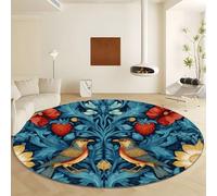 Generico Tappeto Rotondo Piante Vintage Fiori Uccello, Moquette Lavabile in Lavatrice Antiscivolo Verde - Morbido Non Perde Pelo Ø 140 cm per Soggiorno e Camera da Letto