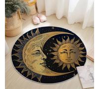 Generico Tappeto Rotondo Salotto 150 cm, Fantasia Sole Luna Volti Stampa Morbido Tappetini Antiscivolo Tappeto Rotondo per Bambini Cameretta Cucina Casa Zona Balcone Tappetini Tavolino, Nero