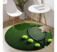 Generico Tappeto rotondo soggiorno 100 cm, Racchette Da Tennis Palline soffice morbido antiscivolo lavabile in lavatrice Tappeto Verde, per camera da letto bagno corridoio Cucina