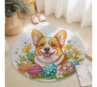 Generico Tappeto rotondo soggiorno 60 cm, Carino Corgi Fiori soffice morbido antiscivolo lavabile in lavatrice Tappeto Bianco, per camera da letto bagno corridoio Cucina