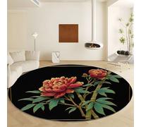 Generico Tappeto Rotondo Stile Cinese Piante Fiori, Moquette Lavabile in Lavatrice Antiscivolo Nero - Morbido Non Perde Pelo Ø 60 cm per Soggiorno e Camera da Letto